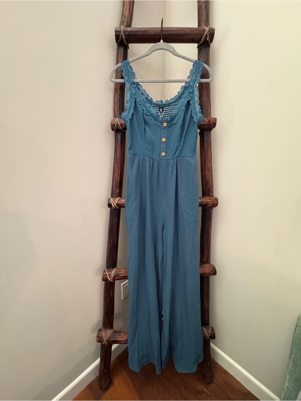 NWT FuTario Boho Teal Lace Trim Wide Leg Jumpsuit Size Small